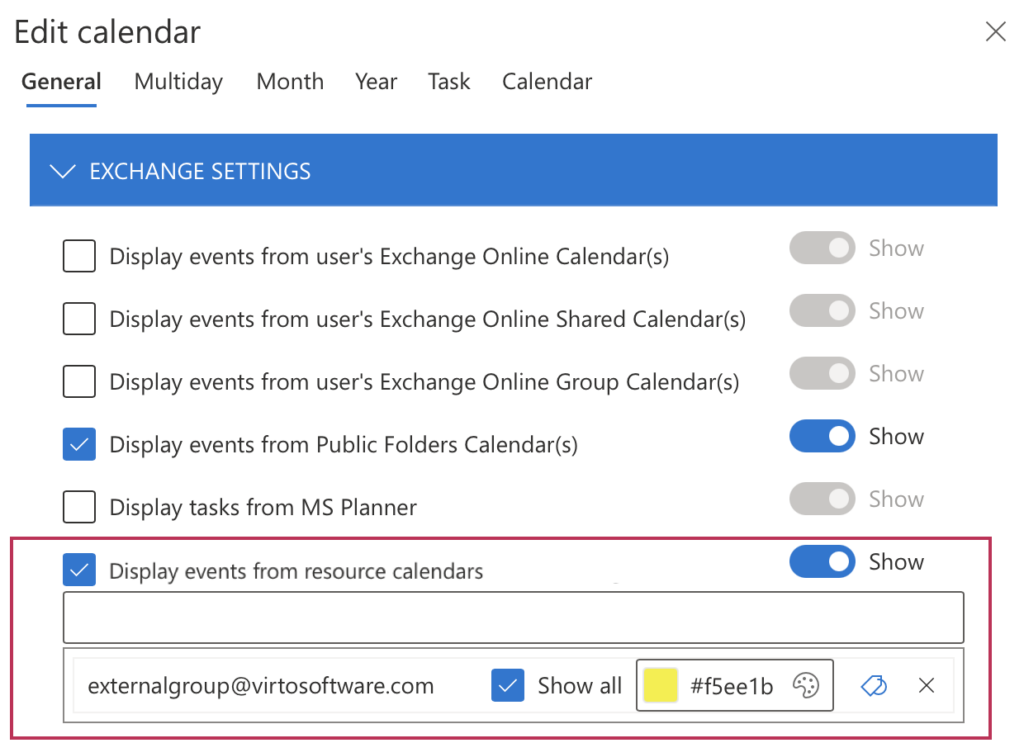 Selecting Display events from resource calendars in Edit calendar and pasting the group email
