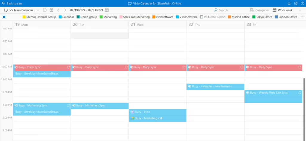 Selected Exchange calendars overlaid together in a single Virto calendar view