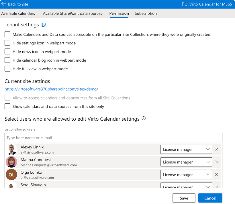 Permission tab in Virto Calendar App settings with tenant, site, and user options