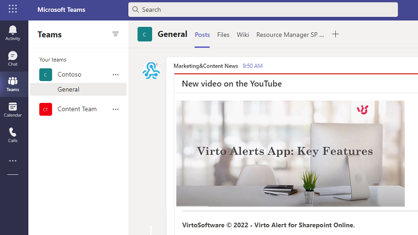 Same alert with clickable video preview posted to the Microsoft Teams channel