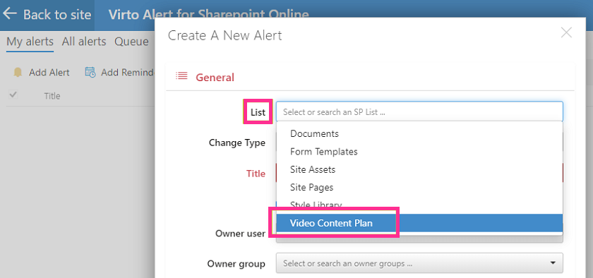 Selecting the Video Content Plan list when creating a new Virto alert