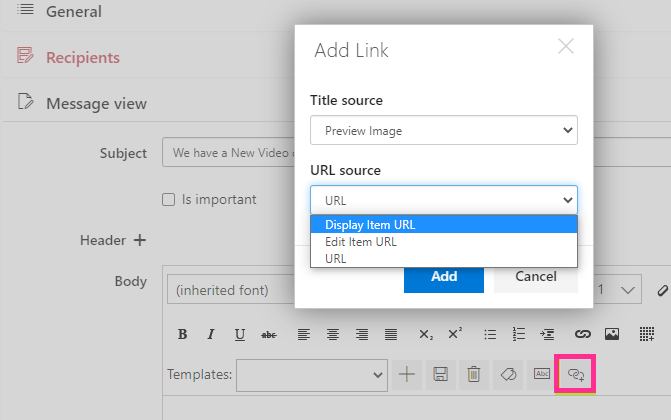 Adding a complex link with Preview Image title and Display Item URL source