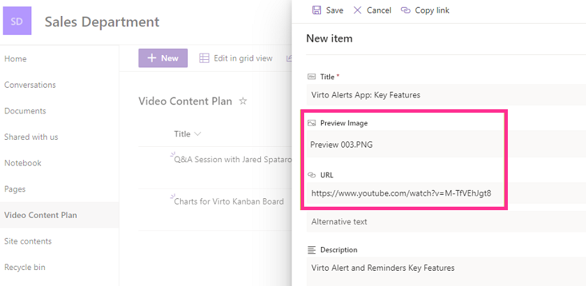 New video item added to the Video Content Plan SharePoint list