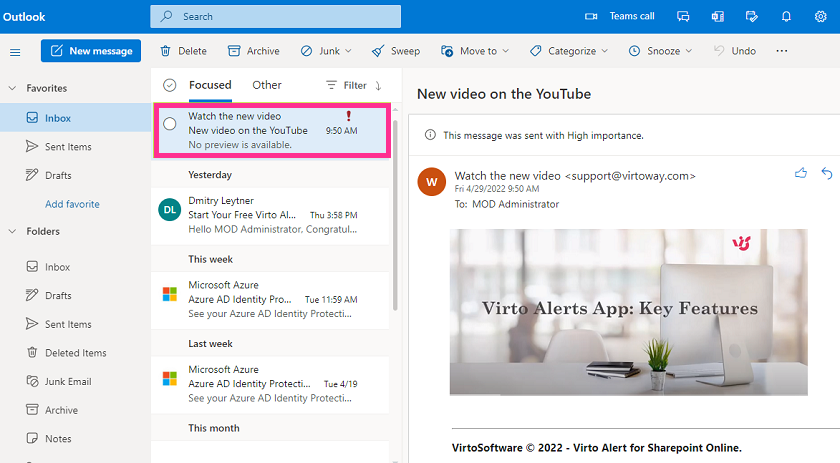 Email alert with a clickable video preview image linking to the YouTube video