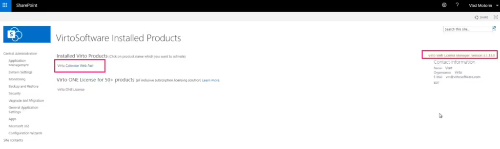 List of installed Virto products in the License Manager showing only Virto Calendar