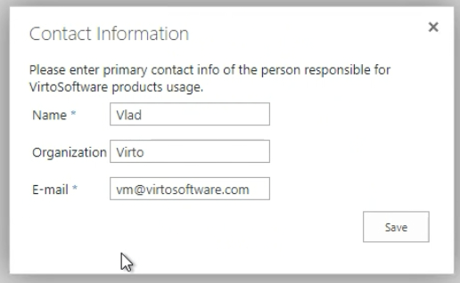 Contact information pop-up prompting for the person in charge details on first login