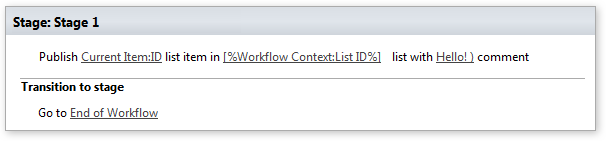 Example configuration of the Publish list item activity submitting a document for content approval