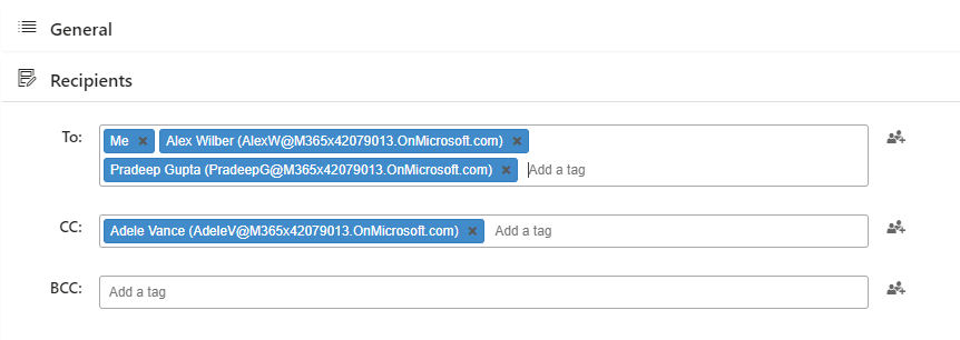Recipients section of a Virto Alert with To, CC, and BCC fields for choosing users or groups