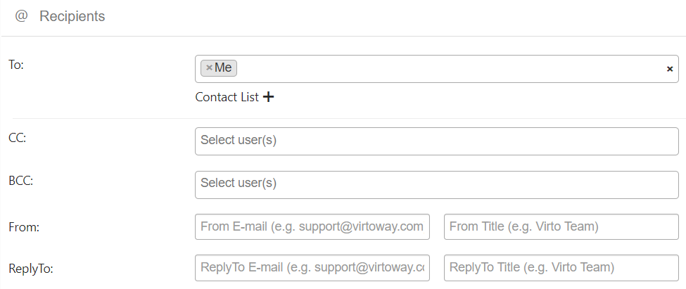 Recipients tab for adding users who will receive the alert in Virto SharePoint Alerts