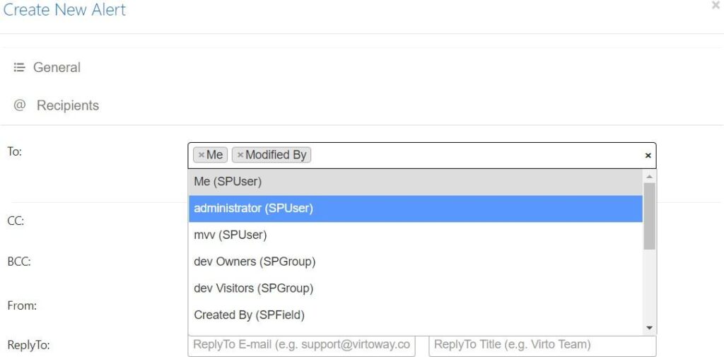 Selecting recipients by username autocomplete or list user fields like Assigned to in Virto SharePoint Alerts