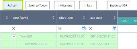 Refresh button in the Virto Gantt Chart toolbar used to pull the latest source list changes