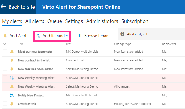 Add reminder button on the My alerts page in the Virto Alerts App