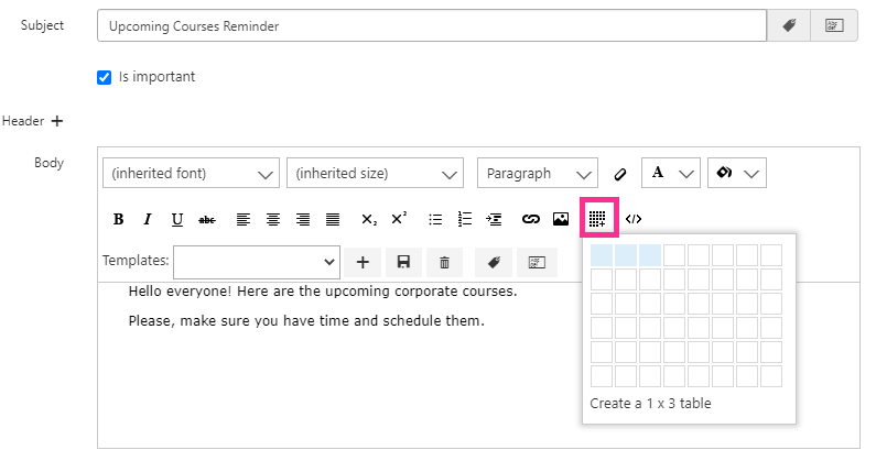 Inserting a three-column table into the reminder message body
