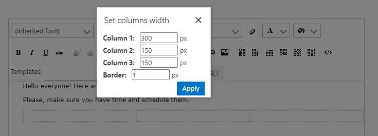 Setting the table column width and border thickness in pixels