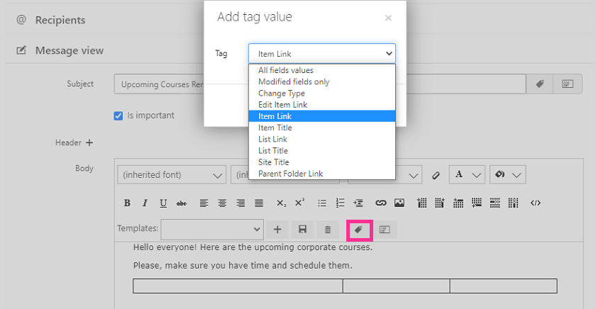 Item link tag added to the first table column, shown in blue