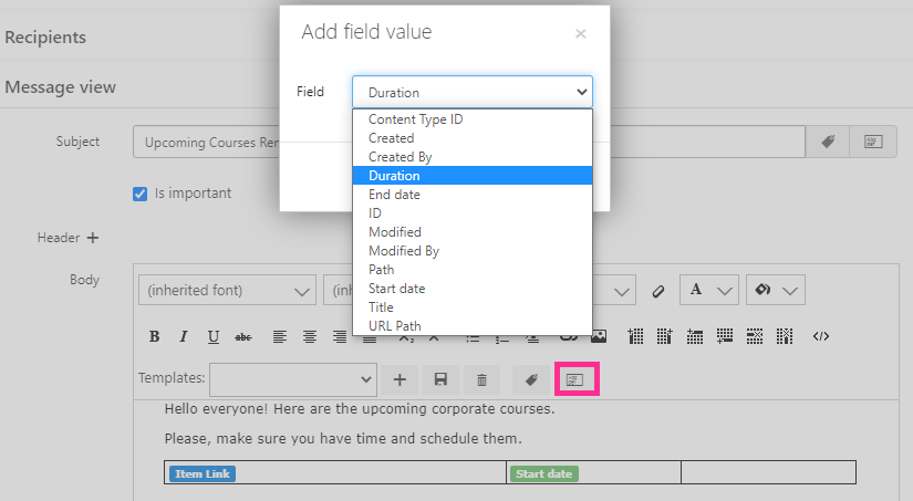 Start date and duration field values added to table columns, shown in green