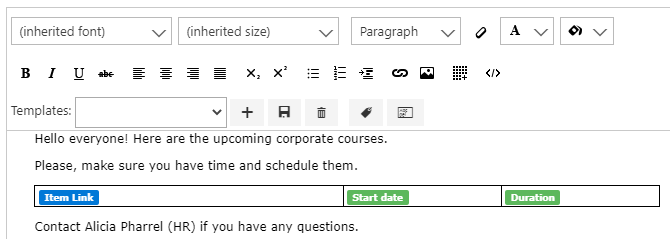 Resulting reminder message with a course table of links, start dates, and durations