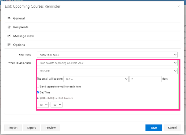 Options block set to send the reminder two days before the course start date