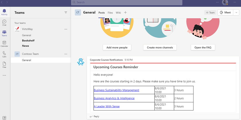 Course reminder posted in the Microsoft Teams channel two days before the start