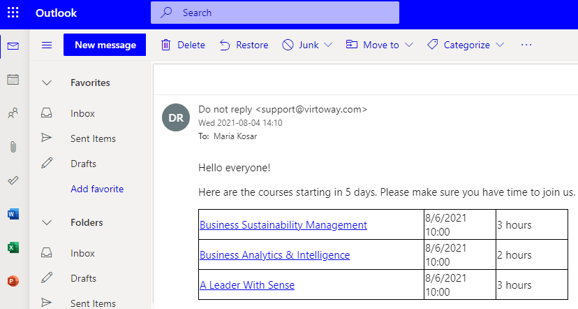 Same course reminder delivered as an email alert to recipients