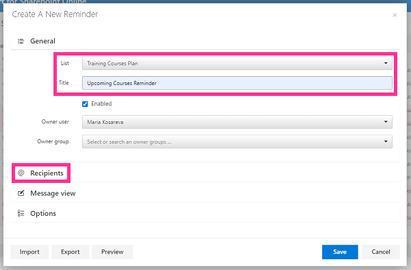 Choosing the planned courses SharePoint list and naming the new reminder
