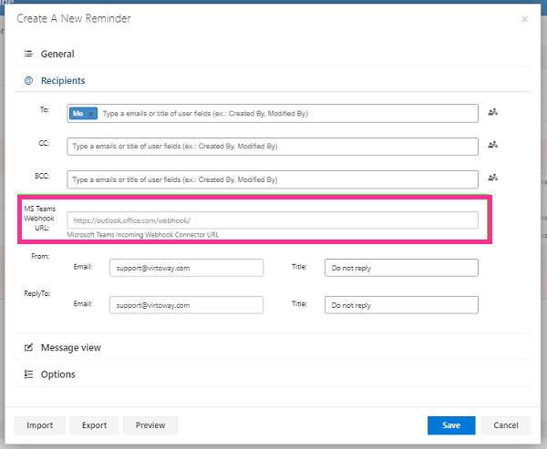 Recipients section where a Microsoft Teams webhook is added to the reminder