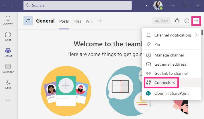 Connectors dialog in Microsoft Teams for adding a webhook connector