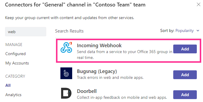 Incoming Webhook connector selected in the Microsoft Teams connectors list