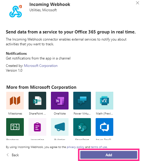 Add button for installing the Incoming Webhook connector in Microsoft Teams