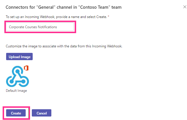 Naming the webhook and clicking Create in the Incoming Webhook setup