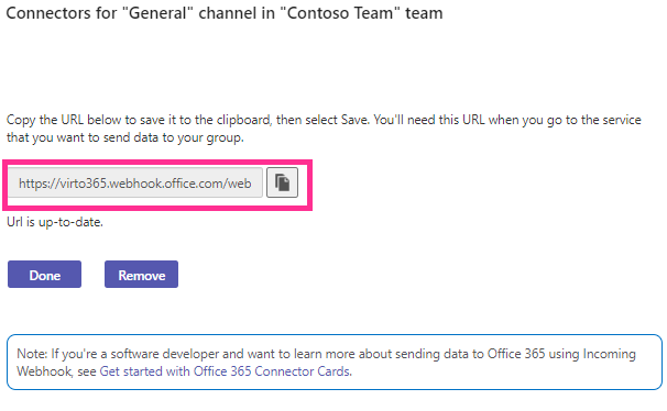 Copying the generated Teams webhook URL before clicking Done