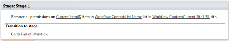 Example configuration of the Remove all list item permissions activity with item and list parameters