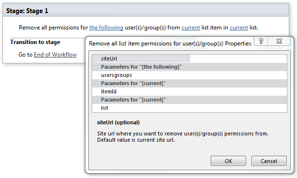 SharePoint Designer phrase for removing all list item permissions for selected users or groups