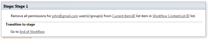 Workflow example using the Remove all list item permissions for users or groups activity