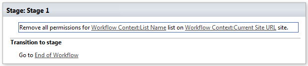 Example configuration of the Remove all list permissions activity with list and site parameters