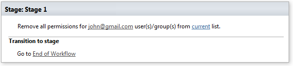 Workflow example using the Remove all list permissions for users or groups activity