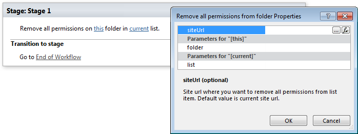 SharePoint Designer phrase for remove all permissions from folder activity
