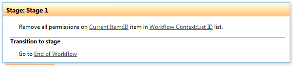 Workflow example configuring the Remove all permissions from list item activity