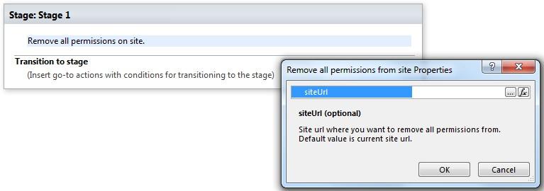 SharePoint Designer phrase for Remove all permissions from site activity with siteUrl parameter properties dialog