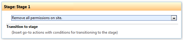 Workflow Stage 1 showing Remove all permissions on site action configuration