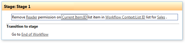 Workflow stage showing Remove Reader permission on Current Item ID list item for Workflow Context list