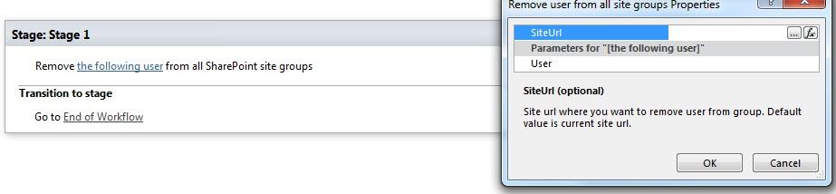 SharePoint Designer phrase for the Remove user from all site groups workflow activity