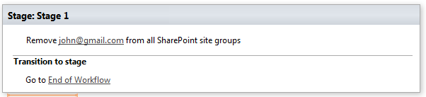 Workflow example configuring the Remove user from all site groups activity with its input parameters