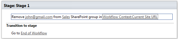 Example of the Remove user from SharePoint group activity configured in a SharePoint Designer workflow