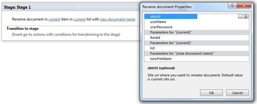 SharePoint Designer phrase for the Rename document workflow activity