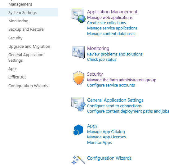 SharePoint Central Administration Application Management page with the Manage Web Applications option