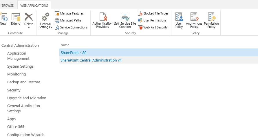 Manage Web Applications list with the Authentication Providers button on the ribbon