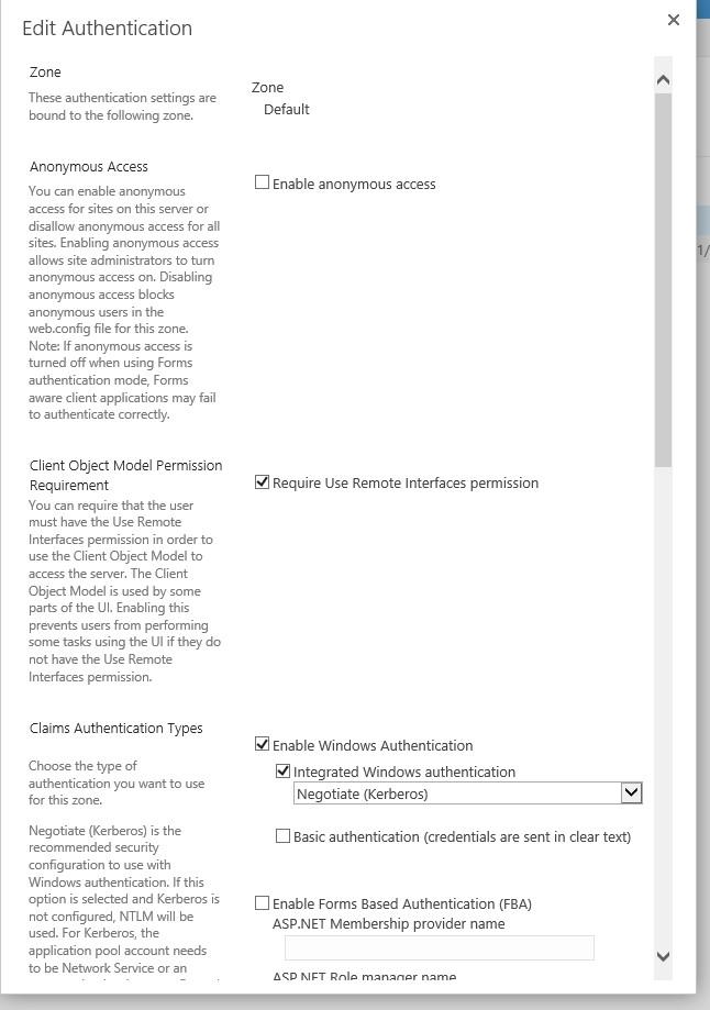 Enable anonymous access checkbox selected for the SharePoint web application