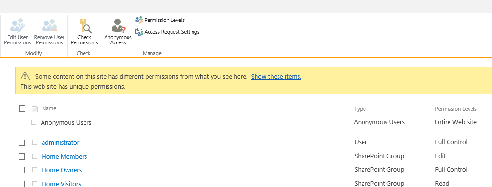 Anonymous Access settings with the Entire Web site option checked for the SharePoint site