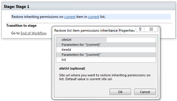 SharePoint Designer phrase for the Restore list item permissions inheritance workflow activity